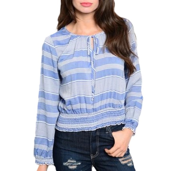 Must Have Tops - NWOT Blue & White Stripe Blouse with Gathered Waistband and Sleeves.